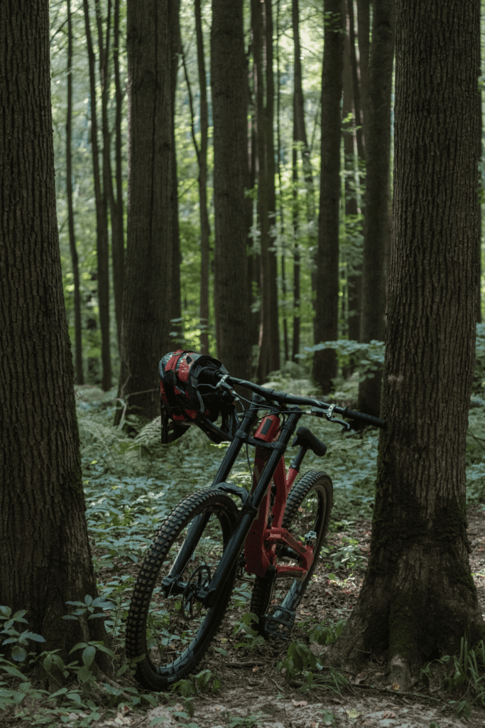 Bike de MTB em trilha na floresta. Foto de Anastasia Shuraeva, Pexels.
